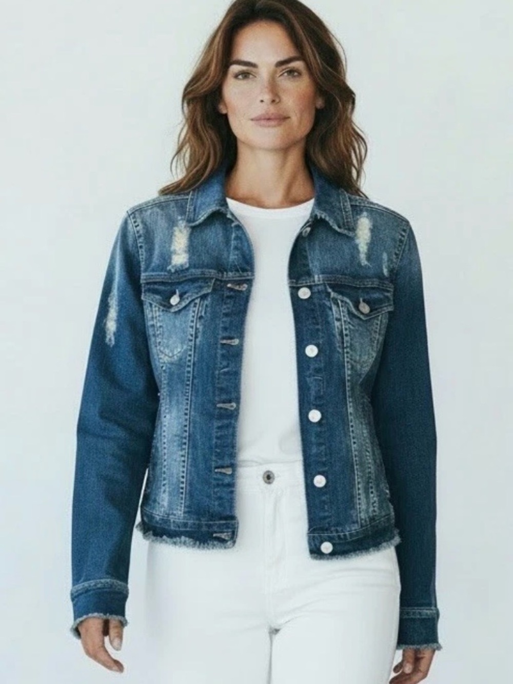 William Rast Cropped Denim Jacket Distressed Raw Hem Women’s Small